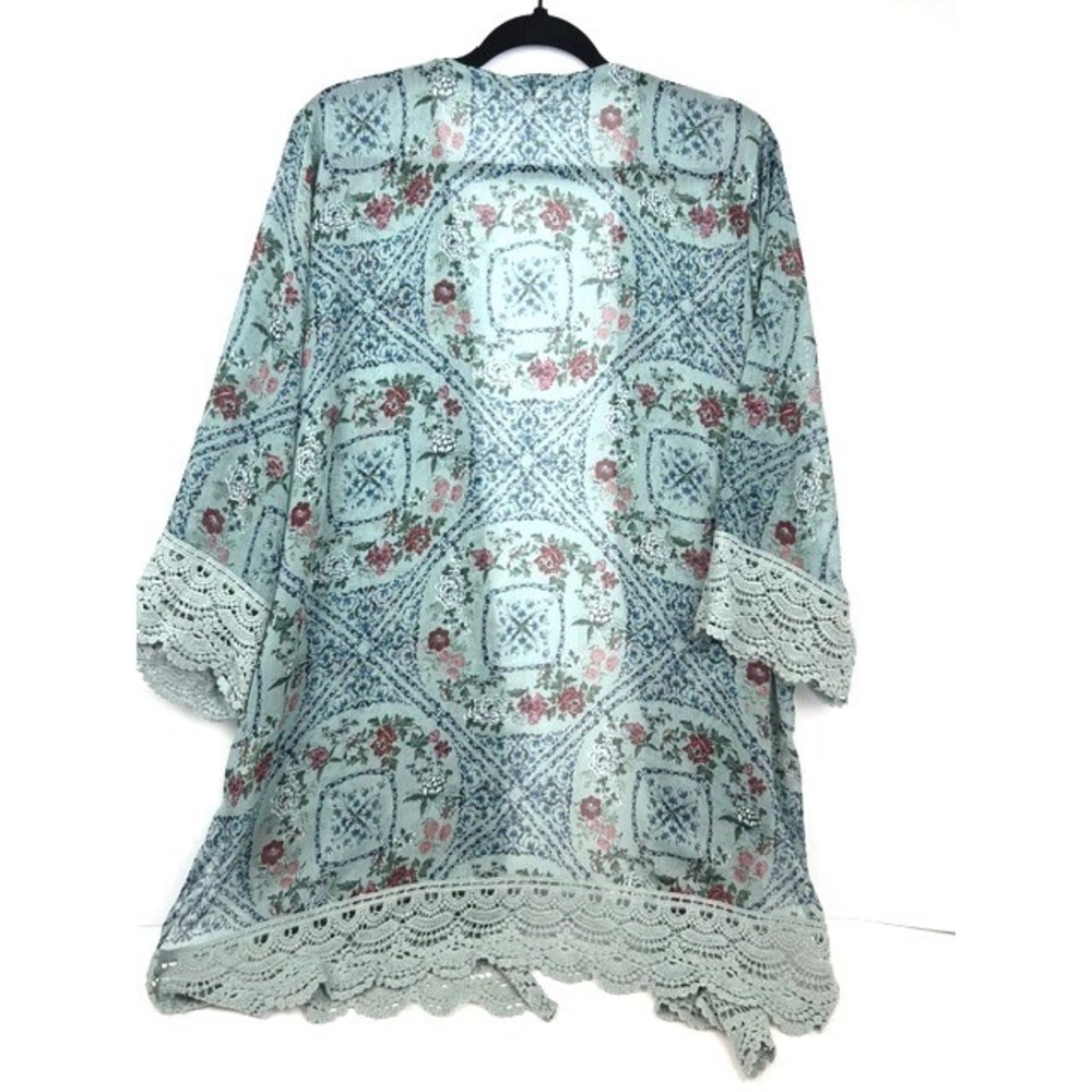 Mason & Belle Floral Medallion Crochet Lace Trim Kimono Wrap Blue XL - Picture 2 of 8